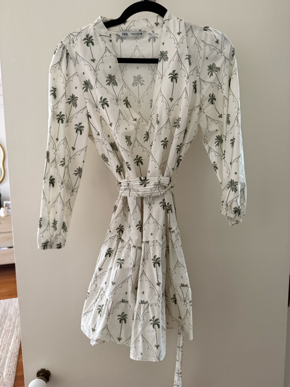 Zara White Dress with Olive Palm Print